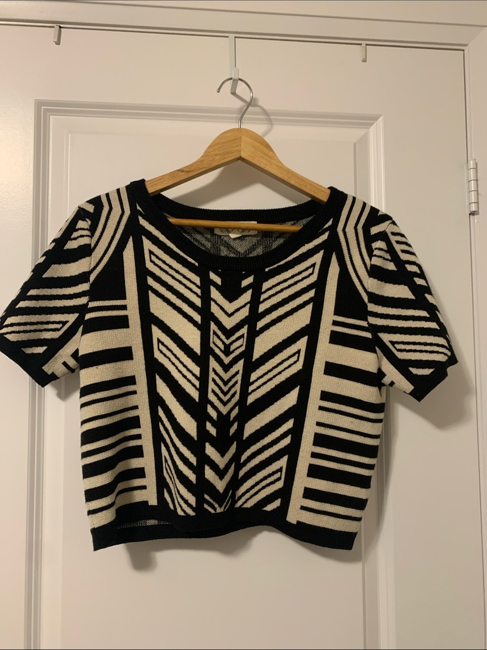 Pink Rose Black & Cream Geometric Knit Crop Top